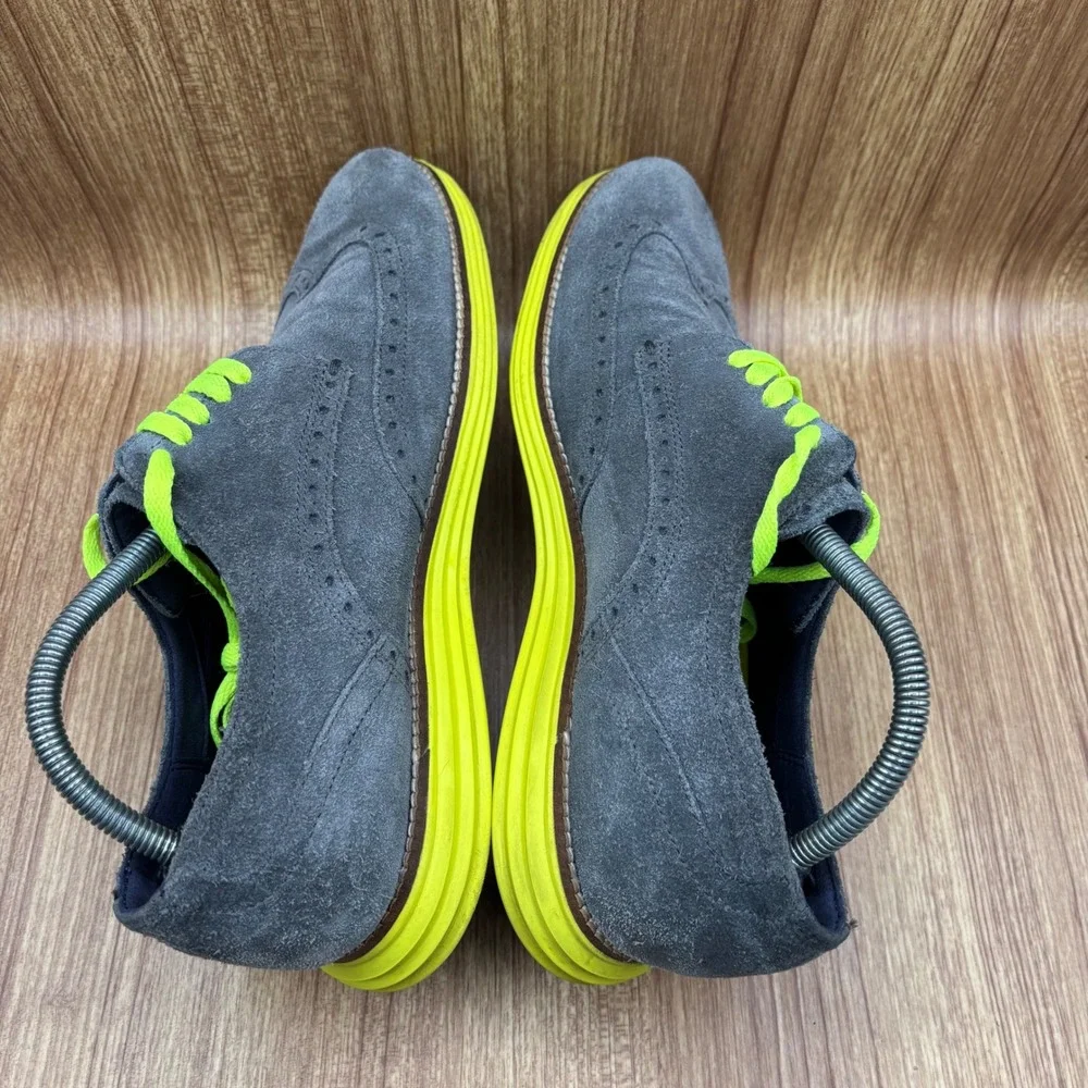 Cole Haan Lunargrand‎  Wingtip Oxford Grey Neon Yellow Men's 9.5M Suede Shoes